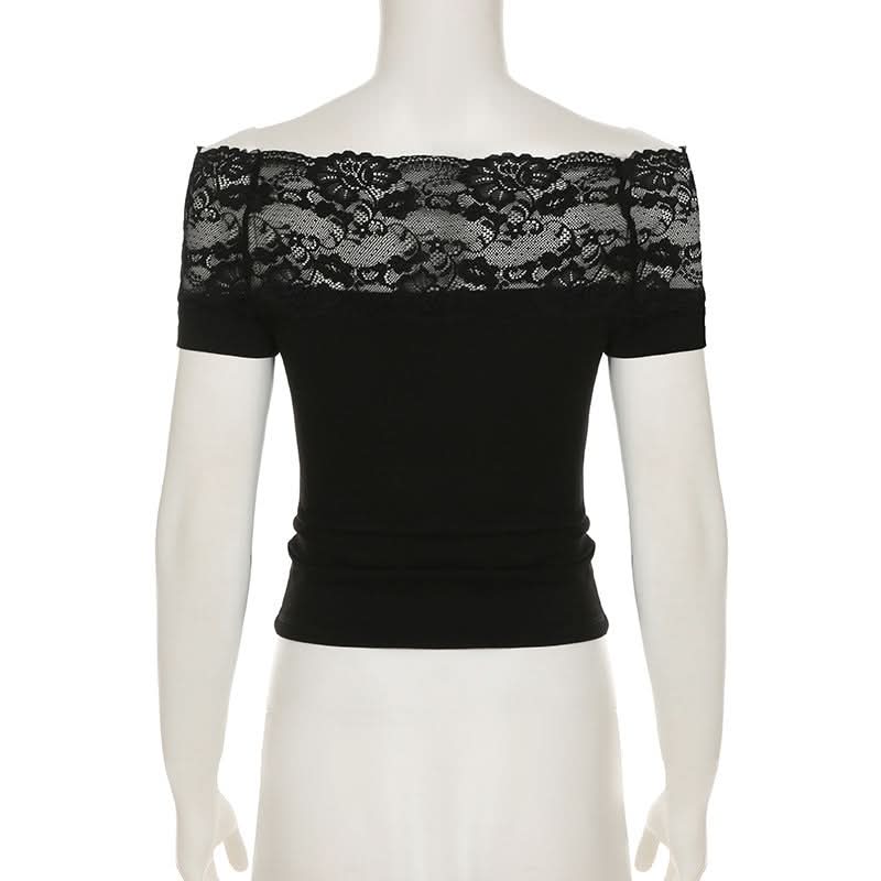 Off shoulder lace patchwork abstract top