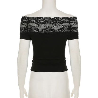 Off shoulder lace patchwork abstract top