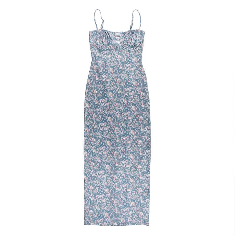 Flower print hollow out cami cut out maxi dress