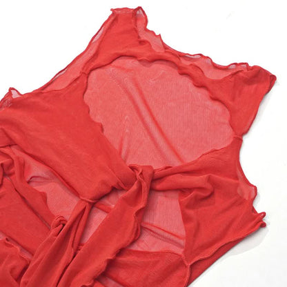 Mesh sleeveless hollow out slit knotted cut out maxi dress