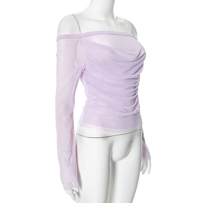 Off shoulder long sleeve mesh ruched top