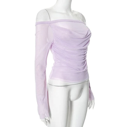 Off shoulder long sleeve mesh ruched top