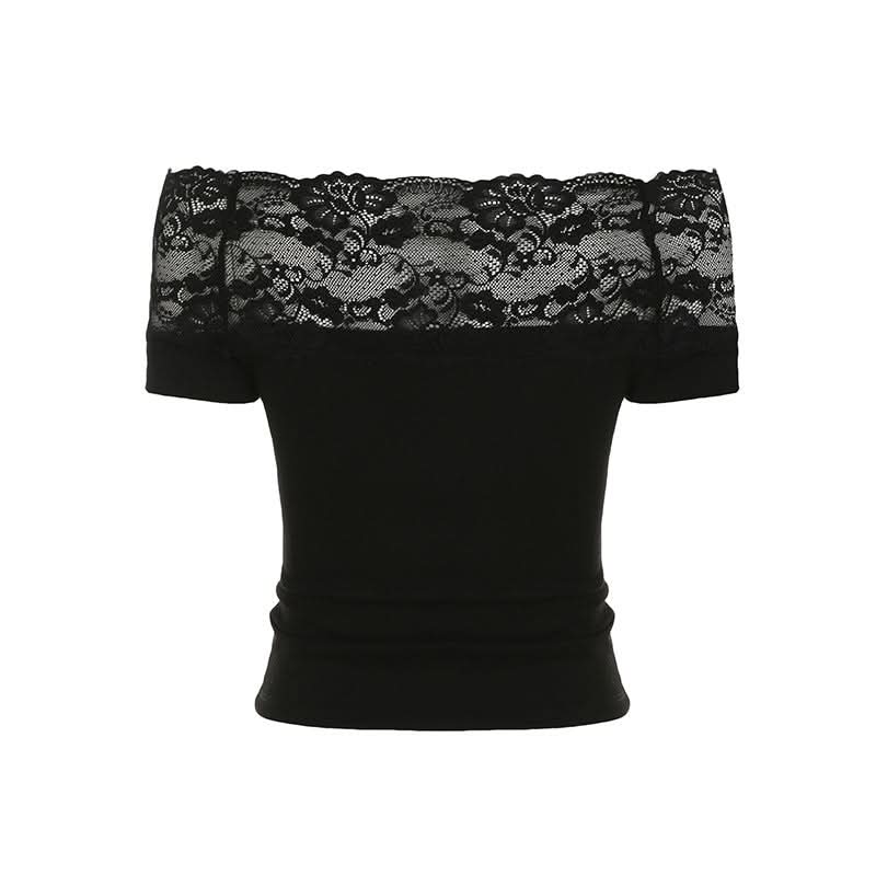 Off shoulder lace patchwork abstract top
