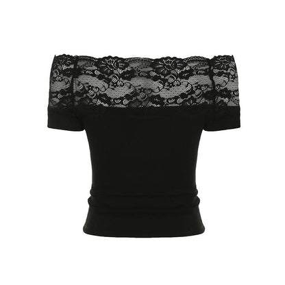 Off shoulder lace patchwork abstract top