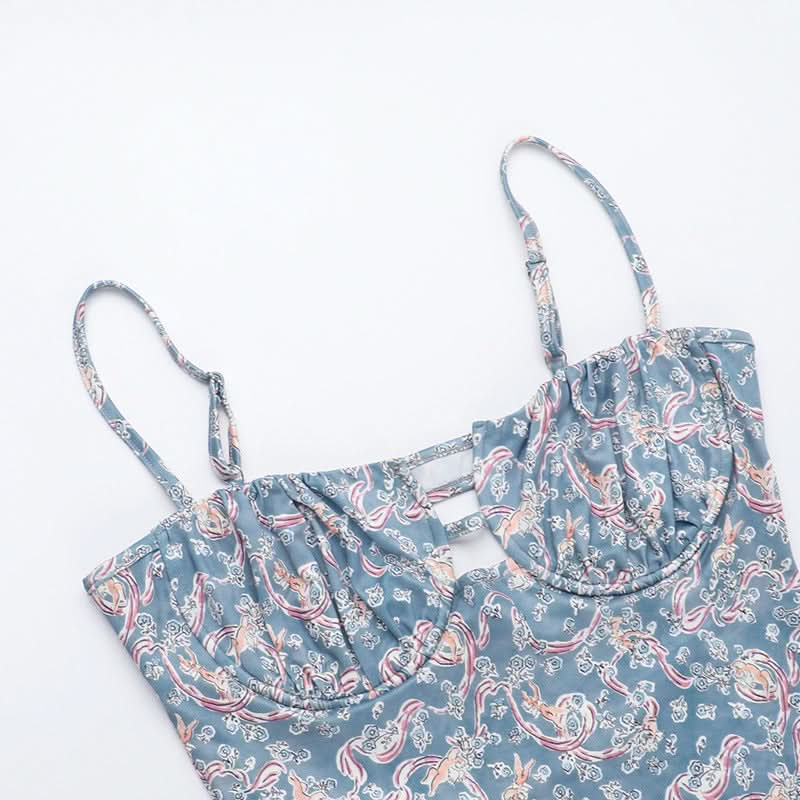 Flower print hollow out cami cut out maxi dress