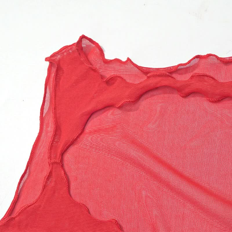 Mesh sleeveless hollow out slit knotted cut out maxi dress