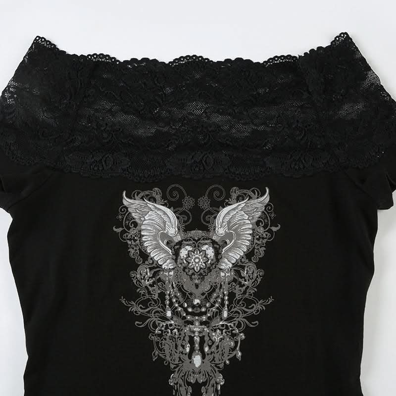 Off shoulder lace patchwork abstract top