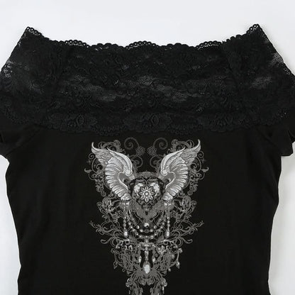 Off shoulder lace patchwork abstract top