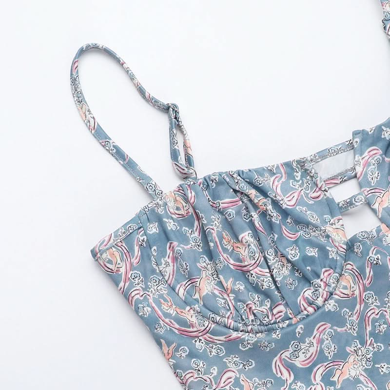 Flower print hollow out cami cut out maxi dress