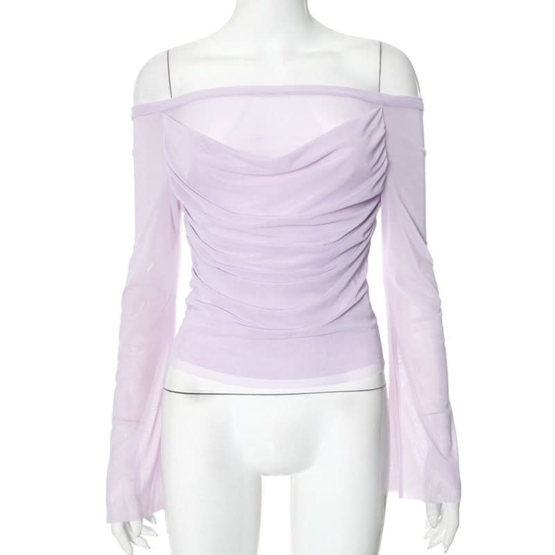 Off shoulder long sleeve mesh ruched top