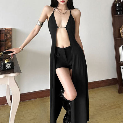 Halter metal tag self tie maxi dress