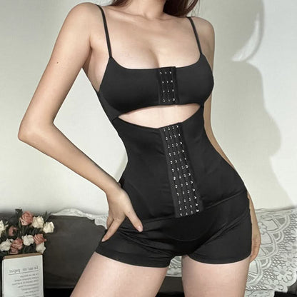 Hollow out button cami corset romper