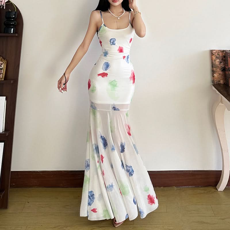 U neck mesh contrast cami maxi dress