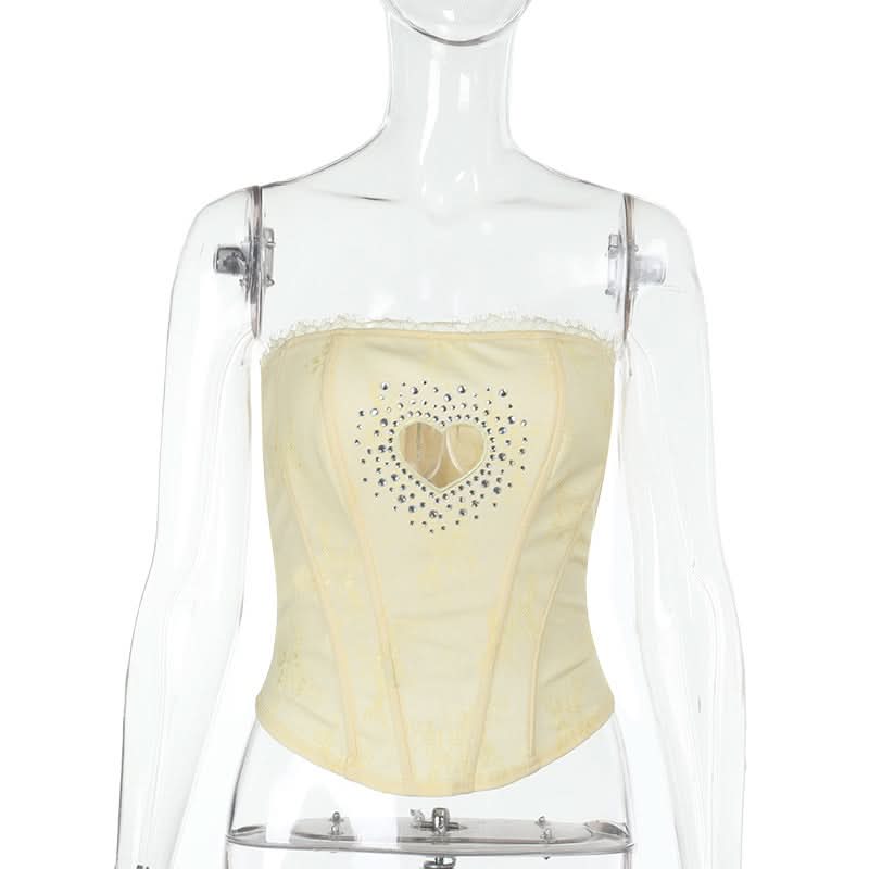 Beaded sweetheart pattern hollow out bustier tube cut out top