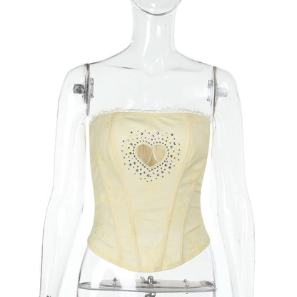 Beaded sweetheart pattern hollow out bustier tube cut out top