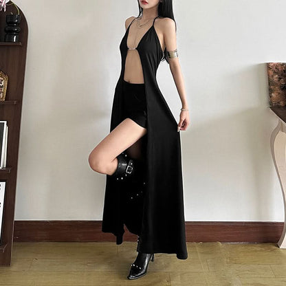 Halter metal tag self tie maxi dress