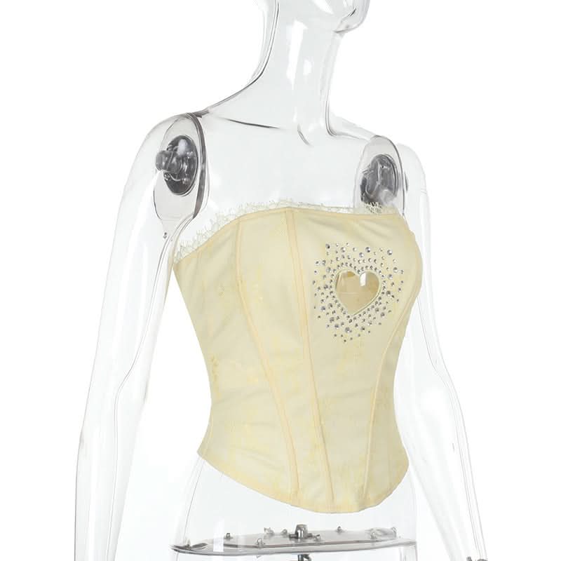 Beaded sweetheart pattern hollow out bustier tube cut out top