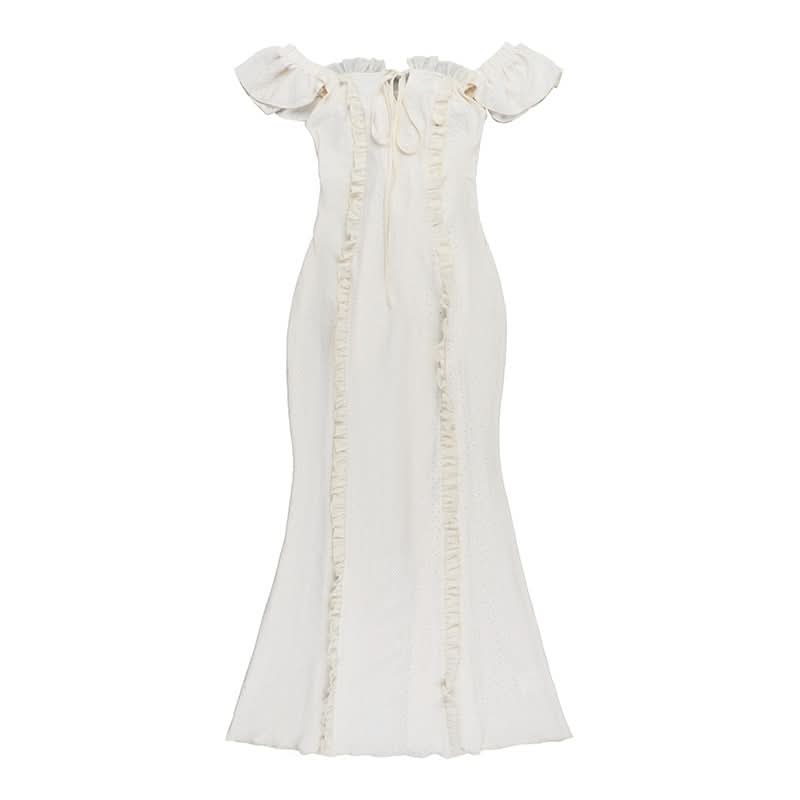 Off shoulder lace hem ruffle maxi dress