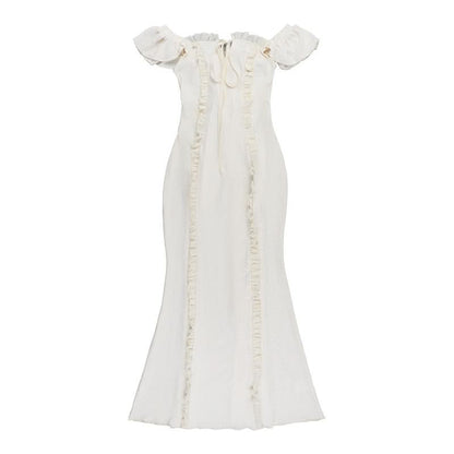 Off shoulder lace hem ruffle maxi dress