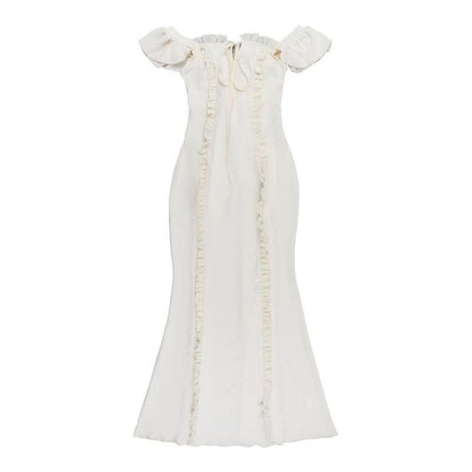 Off shoulder lace hem ruffle maxi dress