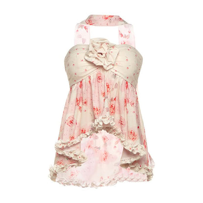 Flower applique ruffle print top