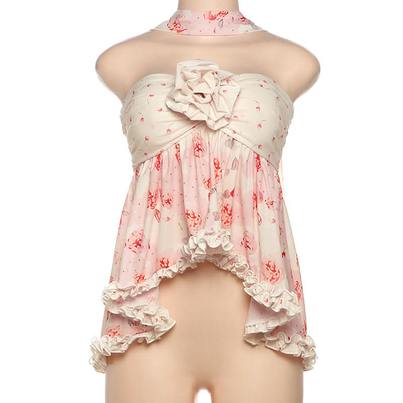Flower applique ruffle print top