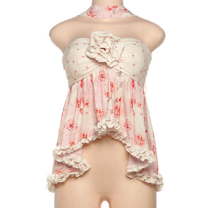 Flower applique ruffle print top