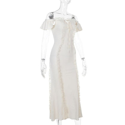 Off shoulder lace hem ruffle maxi dress