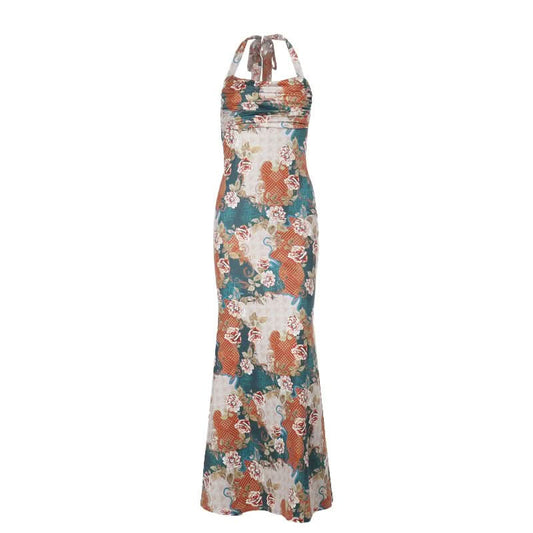 Halter flower print cowl neck maxi dress