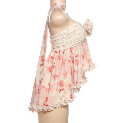 Flower applique ruffle print top