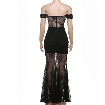 Off shoulder lace mesh zip-up maxi dress