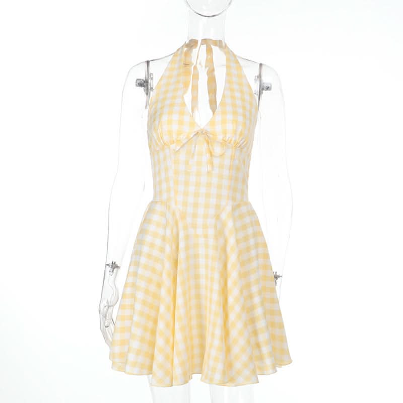 Halter v neck plaid backless mini dress