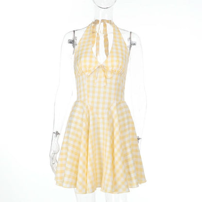 Halter v neck plaid backless mini dress