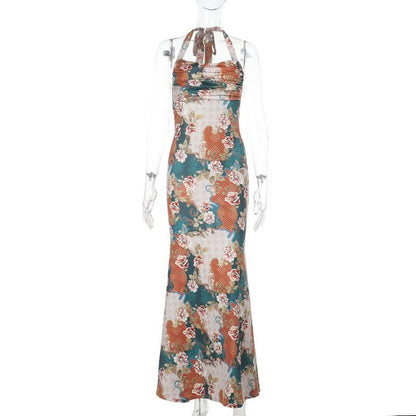 Halter flower print cowl neck maxi dress