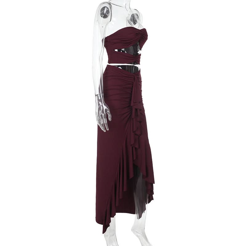 Hollow out ruched ruffle tube maxi skirt set