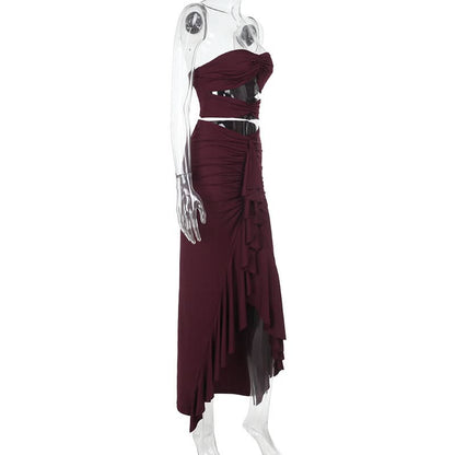 Hollow out ruched ruffle tube maxi skirt set