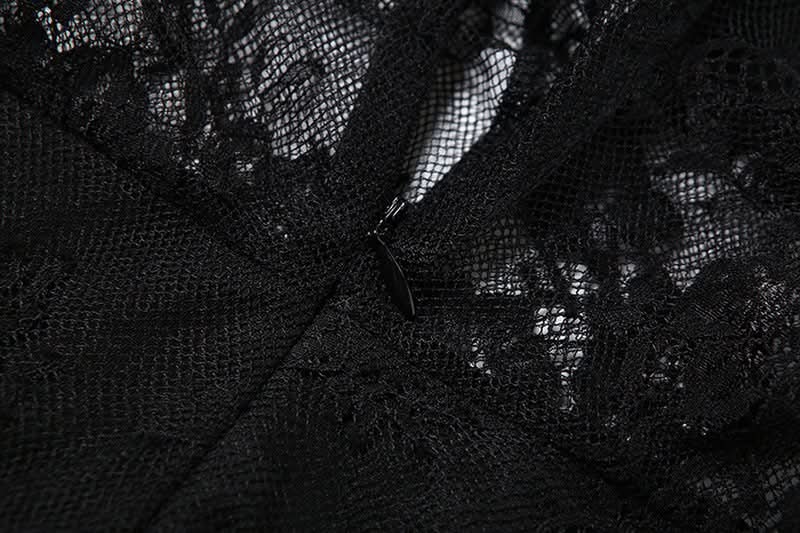 Off shoulder lace mesh zip-up maxi dress