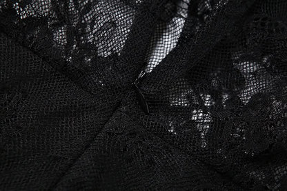 Off shoulder lace mesh zip-up maxi dress