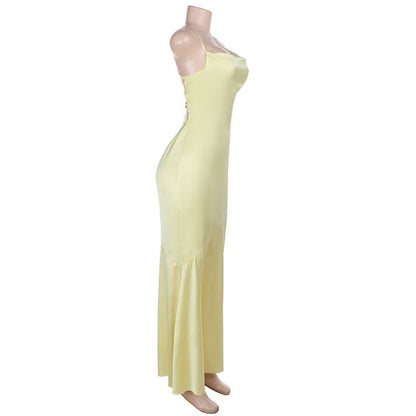 Cross back lace up satin cami maxi dress