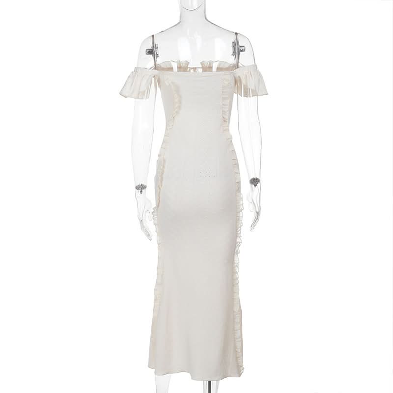 Off shoulder lace hem ruffle maxi dress