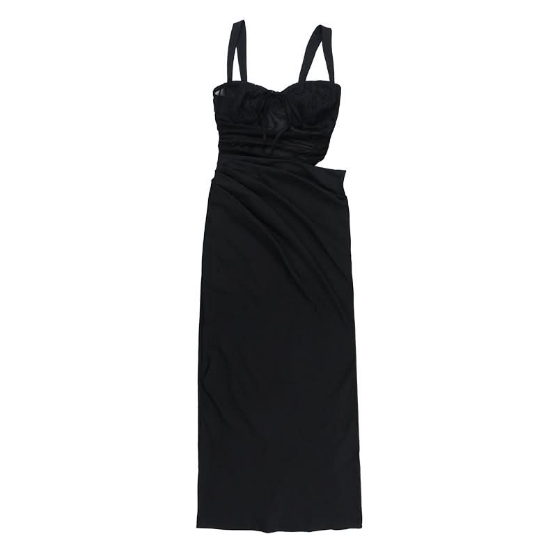 Hollow out mesh ruched cami cut out maxi dress