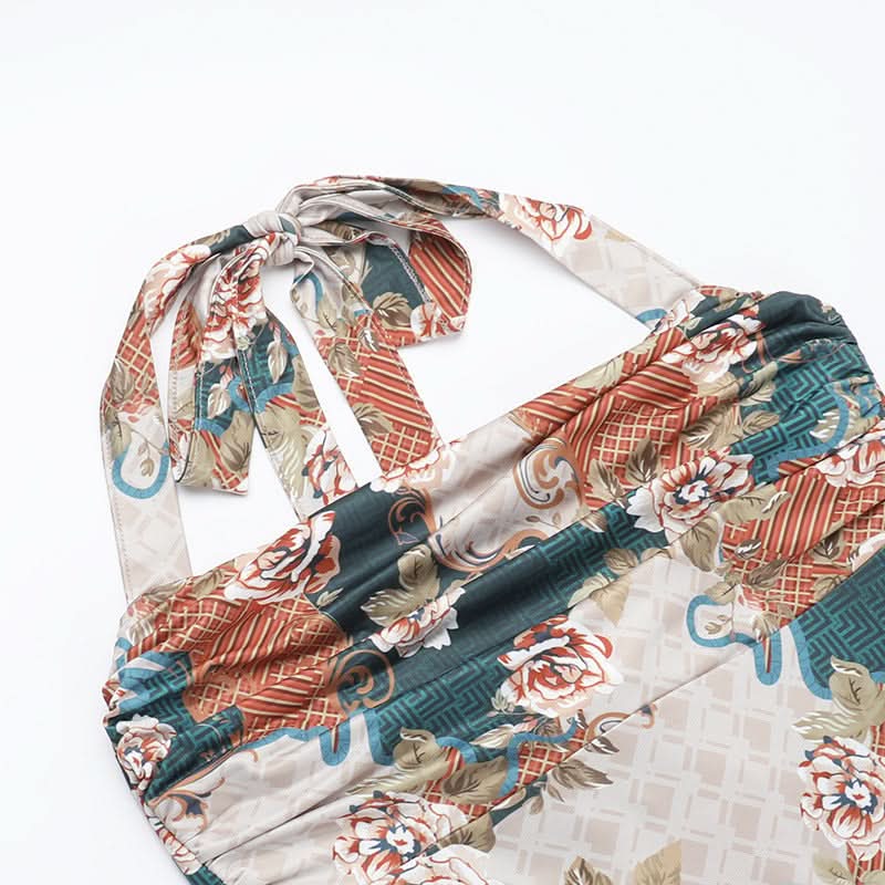 Halter flower print cowl neck maxi dress