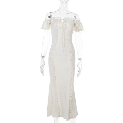 Off shoulder lace hem ruffle maxi dress