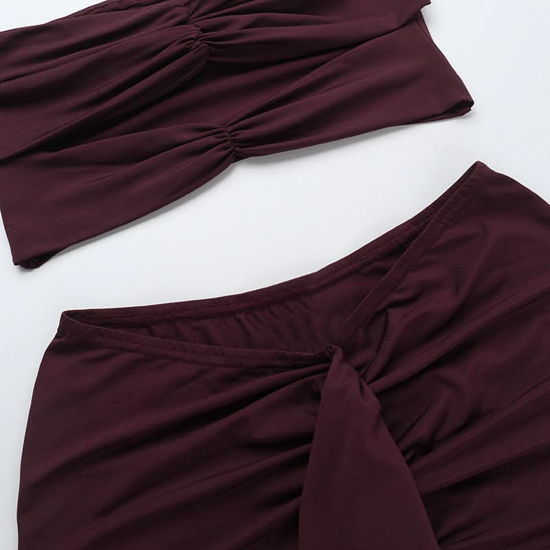 Hollow out ruched ruffle tube maxi skirt set