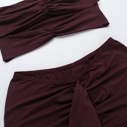 Hollow out ruched ruffle tube maxi skirt set