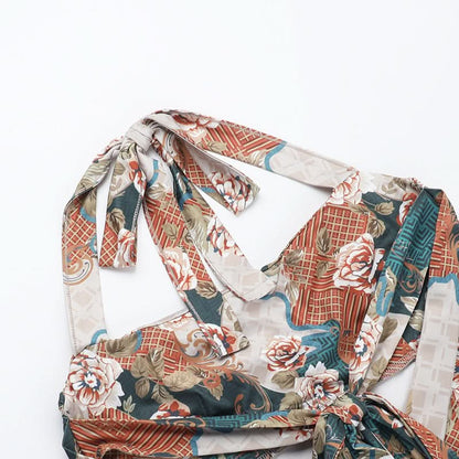 Halter flower print cowl neck maxi dress