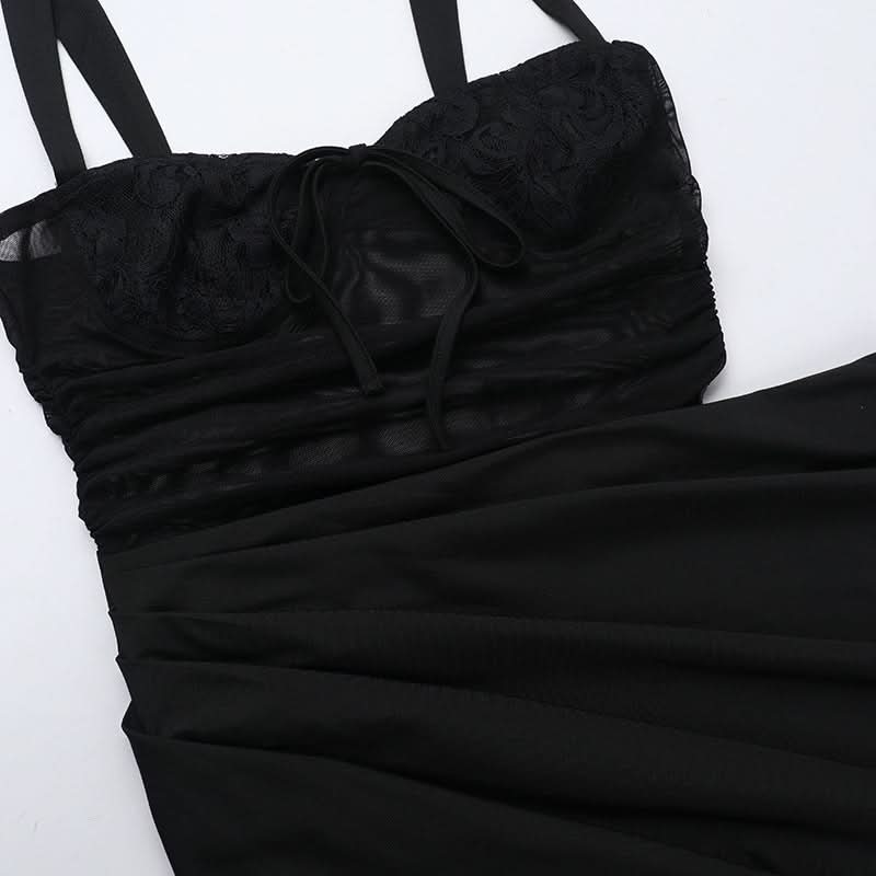 Hollow out mesh ruched cami cut out maxi dress