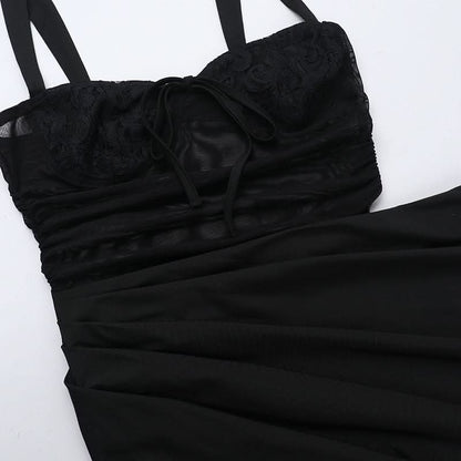 Hollow out mesh ruched cami cut out maxi dress