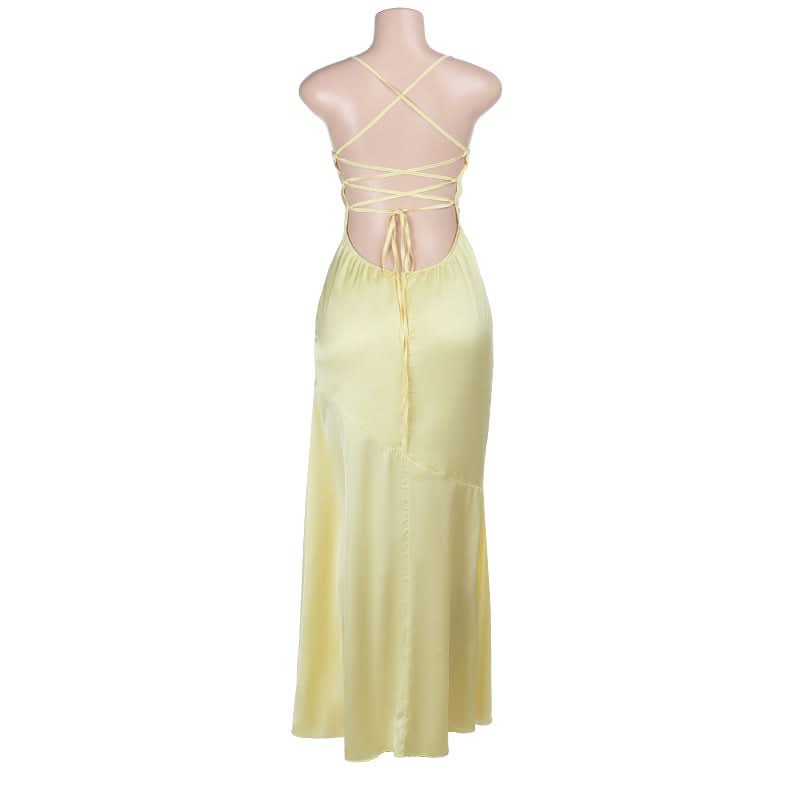 Cross back lace up satin cami maxi dress