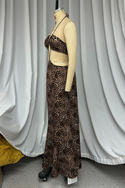 Sexy Leopard Backless Strap Design Halter Irregular Dresses